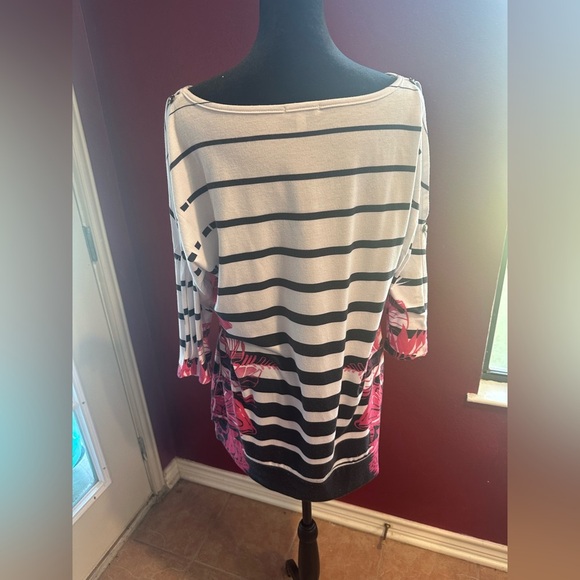 Cache L Striped Floral Rhinestone Top Button Tab Sleeves Made in USA Tunic - Picture 8 of 12